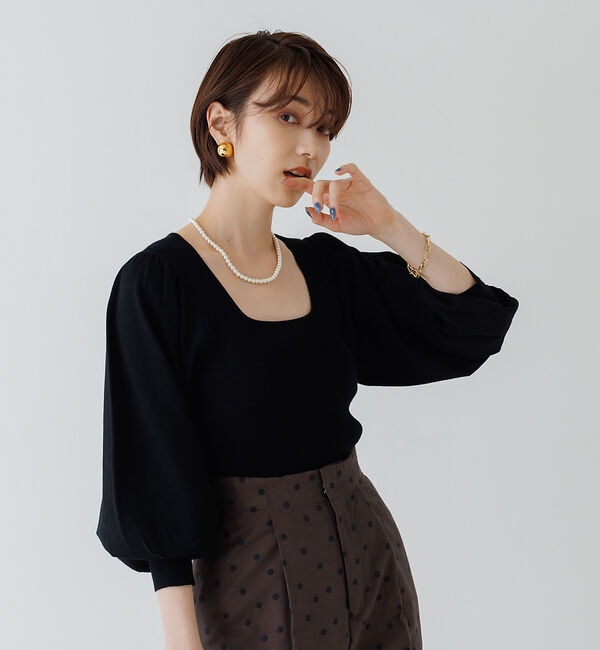 Rouge vif「パフスリーブスクエアネックニット」|ニット・セーター|ブラック