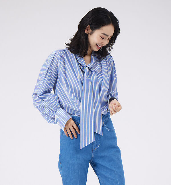 qualite「ドレープボウタイブラウス」|シャツ・ブラウス|ストライプ