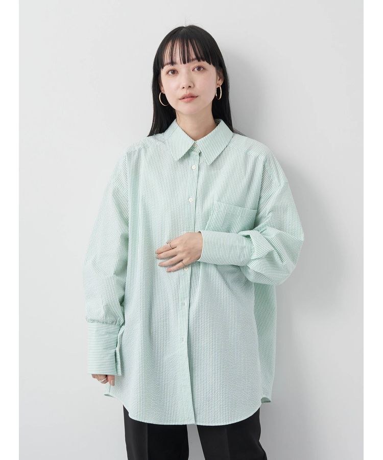 earth music&ecology「サッカーストライプボーイズライクシャツ」|シャツ・ブラウス|グリーン