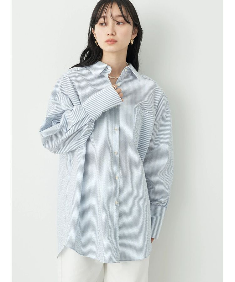 earth music&ecology「サッカーストライプボーイズライクシャツ」|シャツ・ブラウス|Blue