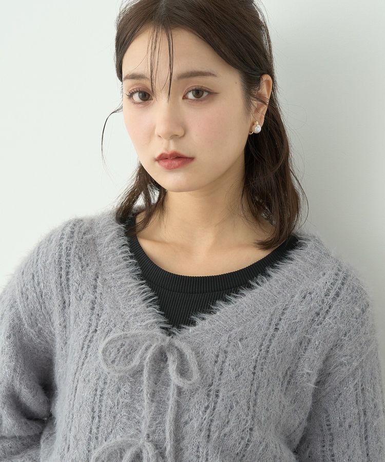 earth music&ecology「フェザーラメフロントリボンニットカーディガン」|カーディガン|