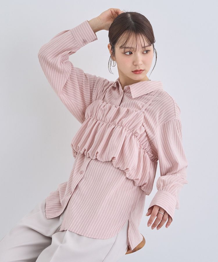 earth music&ecology「SET2点起毛ストライプシャツ+バルーンビスチェ」|シャツ・ブラウス|