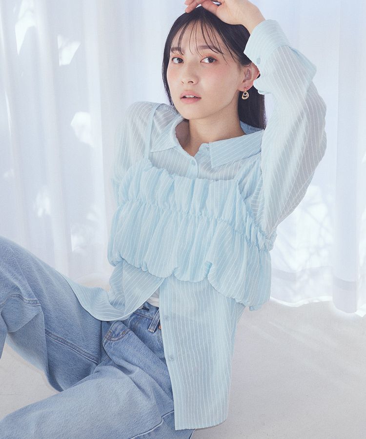 earth music&ecology「SET2点起毛ストライプシャツ+バルーンビスチェ」|シャツ・ブラウス|