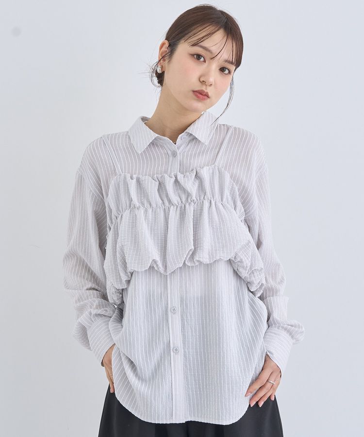 earth music&ecology「SET2点起毛ストライプシャツ+バルーンビスチェ」|シャツ・ブラウス|Light Gray