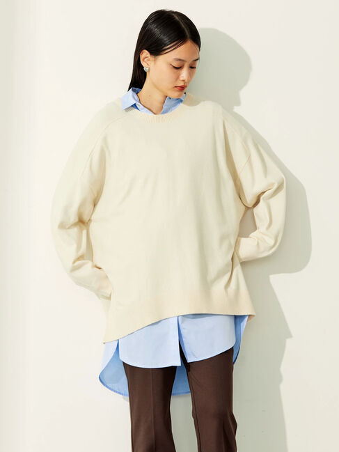  「パチパチしにくいクルーネックニットチュニック」|ニット・セーター|オフホワイト