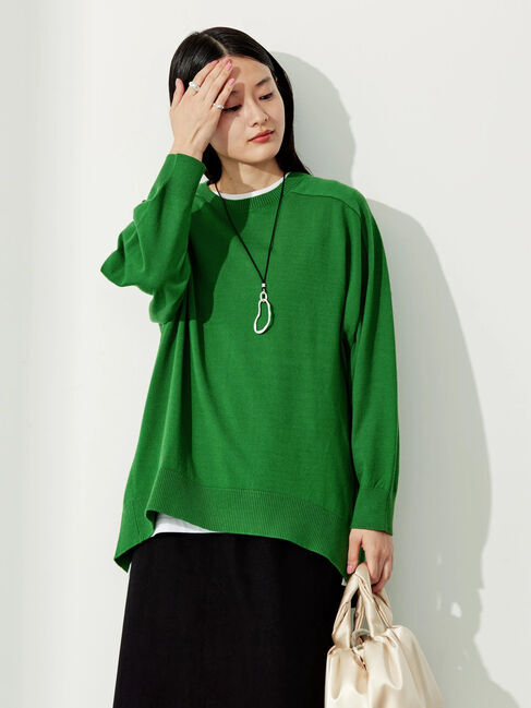  「パチパチしにくいクルーネックニットチュニック」|ニット・セーター|グリーン