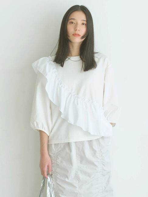 Samansa Mos2 blue「7分袖ドッキングフリルプルオーバー」|Tシャツ・カットソー|