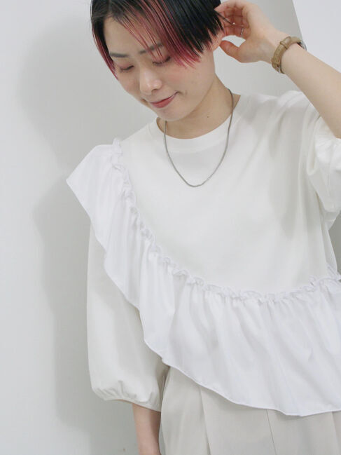 Samansa Mos2 blue「7分袖ドッキングフリルプルオーバー」|Tシャツ・カットソー|