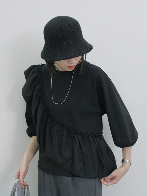 Samansa Mos2 blue「7分袖ドッキングフリルプルオーバー」|Tシャツ・カットソー|