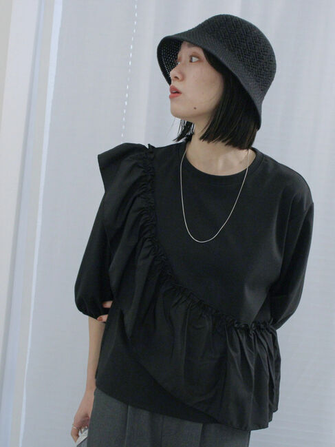 Samansa Mos2 blue「7分袖ドッキングフリルプルオーバー」|Tシャツ・カットソー|