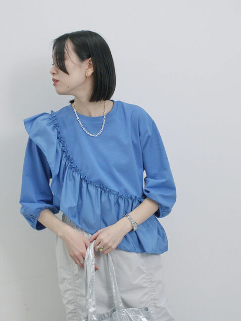 Samansa Mos2 blue「7分袖ドッキングフリルプルオーバー」|Tシャツ・カットソー|