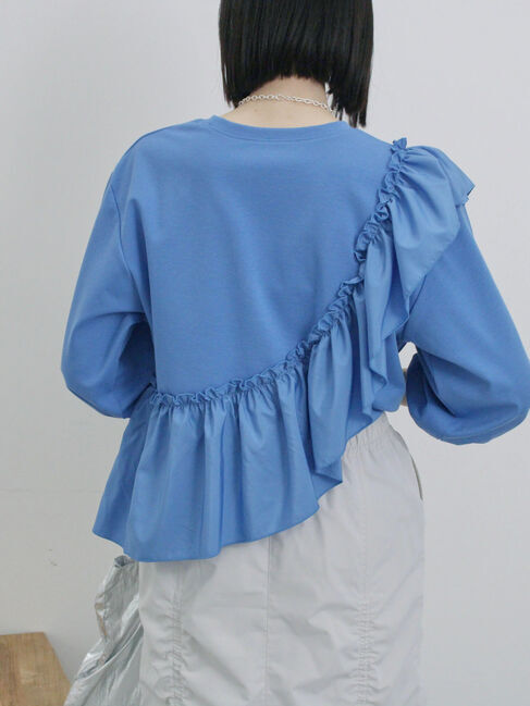 Samansa Mos2 blue「7分袖ドッキングフリルプルオーバー」|Tシャツ・カットソー|