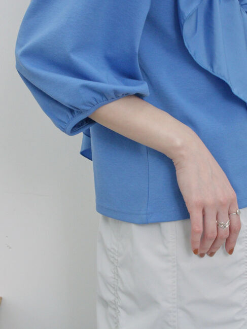 Samansa Mos2 blue「7分袖ドッキングフリルプルオーバー」|Tシャツ・カットソー|