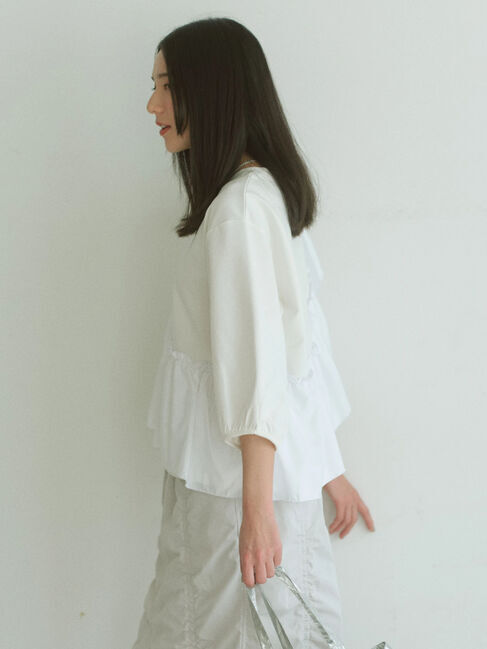 Samansa Mos2 blue「7分袖ドッキングフリルプルオーバー」|Tシャツ・カットソー|