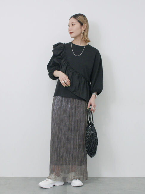 Samansa Mos2 blue「7分袖ドッキングフリルプルオーバー」|Tシャツ・カットソー|