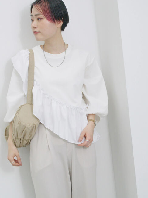 Samansa Mos2 blue「7分袖ドッキングフリルプルオーバー」|Tシャツ・カットソー|