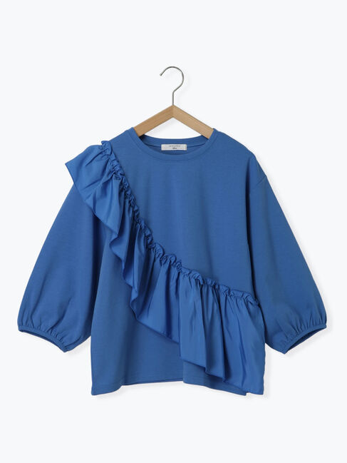 Samansa Mos2 blue「7分袖ドッキングフリルプルオーバー」|Tシャツ・カットソー|