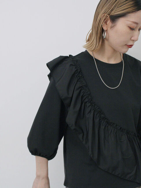 Samansa Mos2 blue「7分袖ドッキングフリルプルオーバー」|Tシャツ・カットソー|