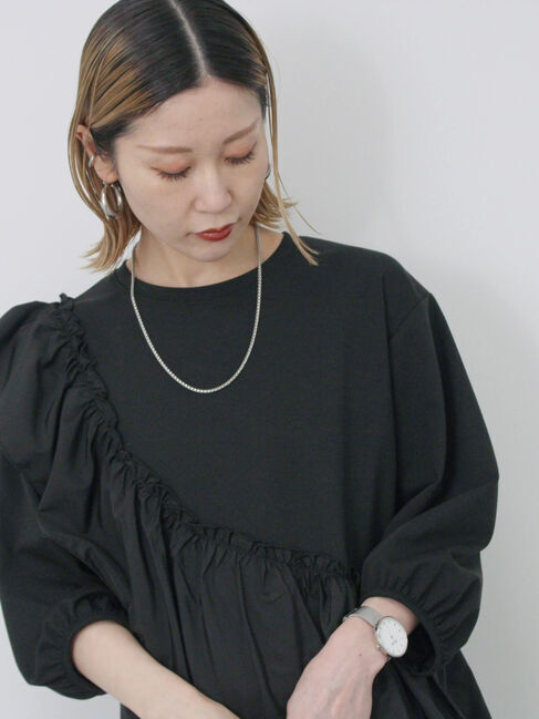 Samansa Mos2 blue「7分袖ドッキングフリルプルオーバー」|Tシャツ・カットソー|