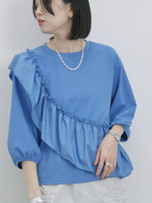 Samansa Mos2 blue「7分袖ドッキングフリルプルオーバー」|Tシャツ・カットソー|ブルー