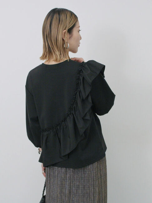 Samansa Mos2 blue「7分袖ドッキングフリルプルオーバー」|Tシャツ・カットソー|ブラック