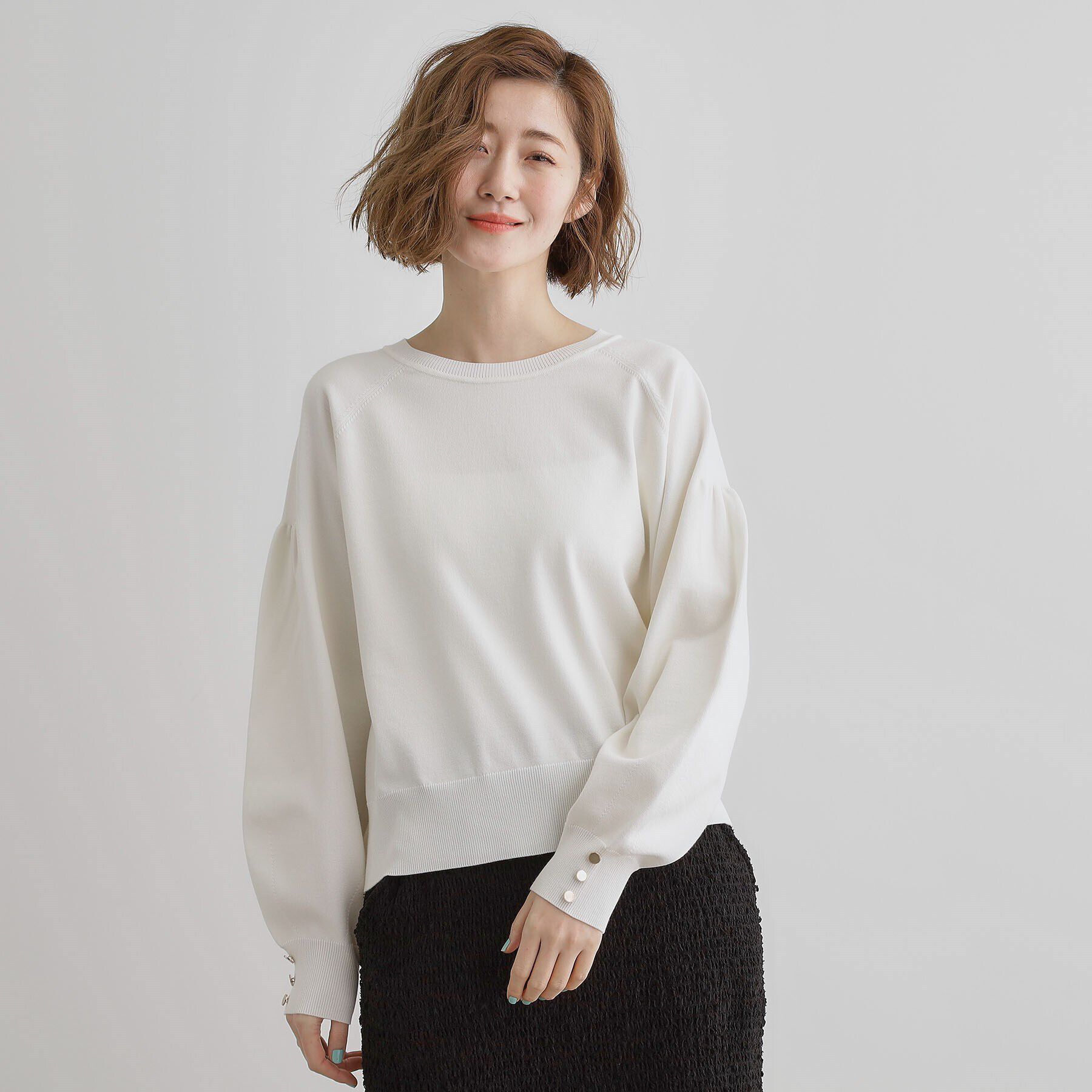 grove「袖口釦ボリュームスリーブクルーネックニット」|ニット・セーター|