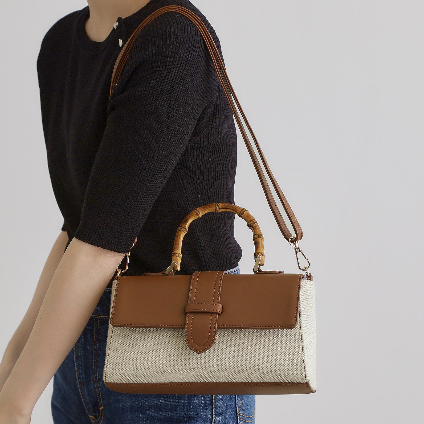 grove「【雑誌掲載】フラップバンブーハンドル2WAYトート」|ハンドバッグ|ブラウン(043)