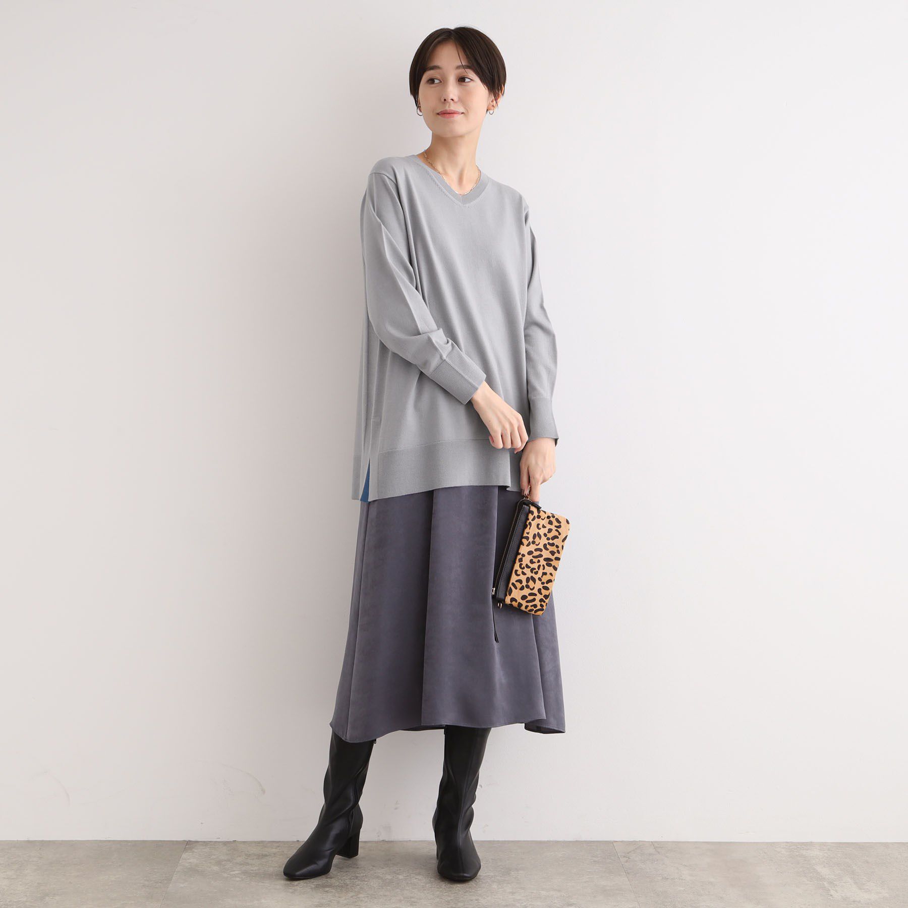 INDIVI「【洗える／チュニック丈／ボーダー柄】スリットデザインVネックニット」|ニット・セーター|