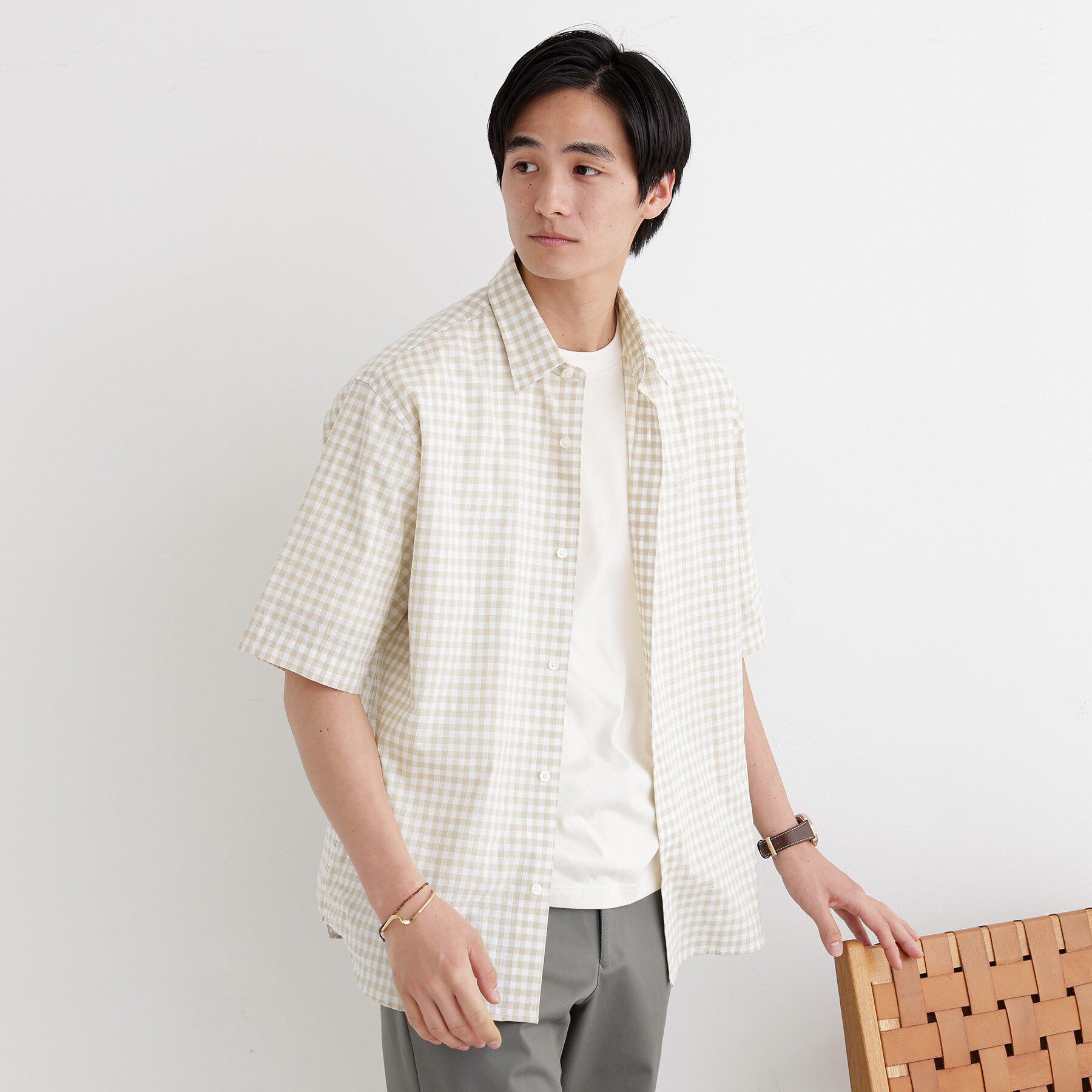 TAKEO KIKUCHI「【LIMITED】ワンポイント刺繍 綿麻チェック 半袖シャツ」|シャツ・ブラウス|