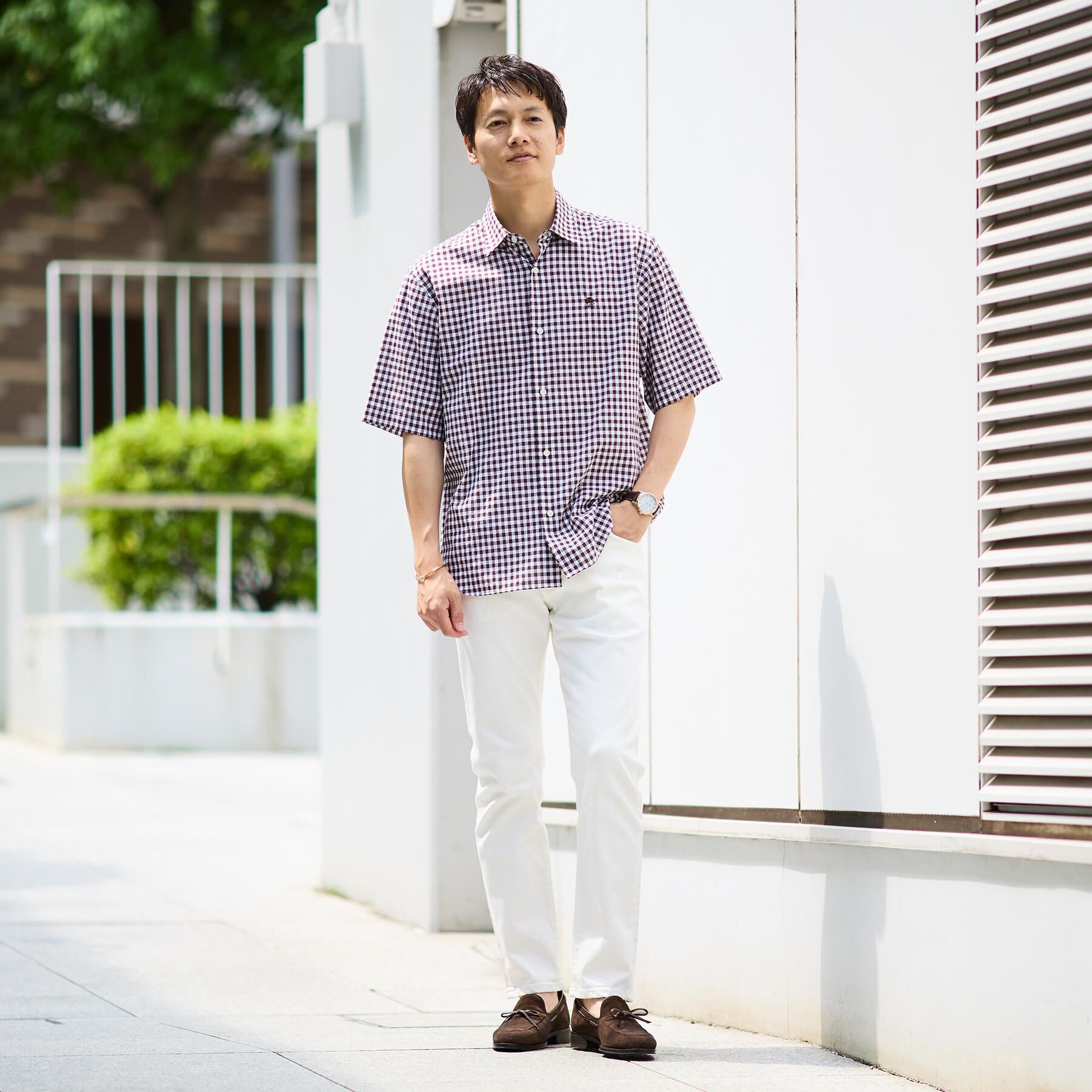 TAKEO KIKUCHI「【LIMITED】ワンポイント刺繍 綿麻チェック 半袖シャツ」|シャツ・ブラウス|