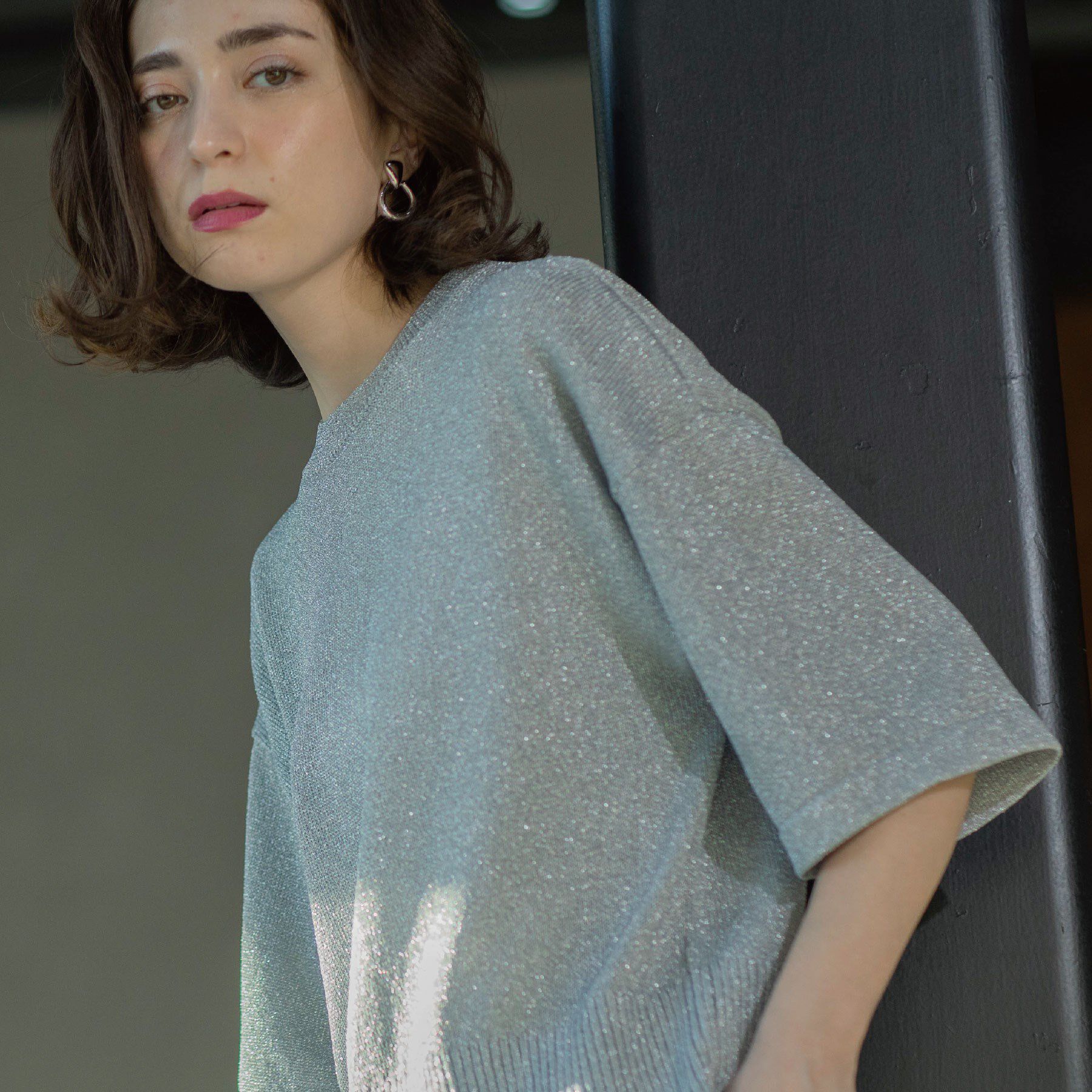 OPAQUE.CLIP「ラメハーフスリーブトップス」|ニット・セーター|シルバー(616)