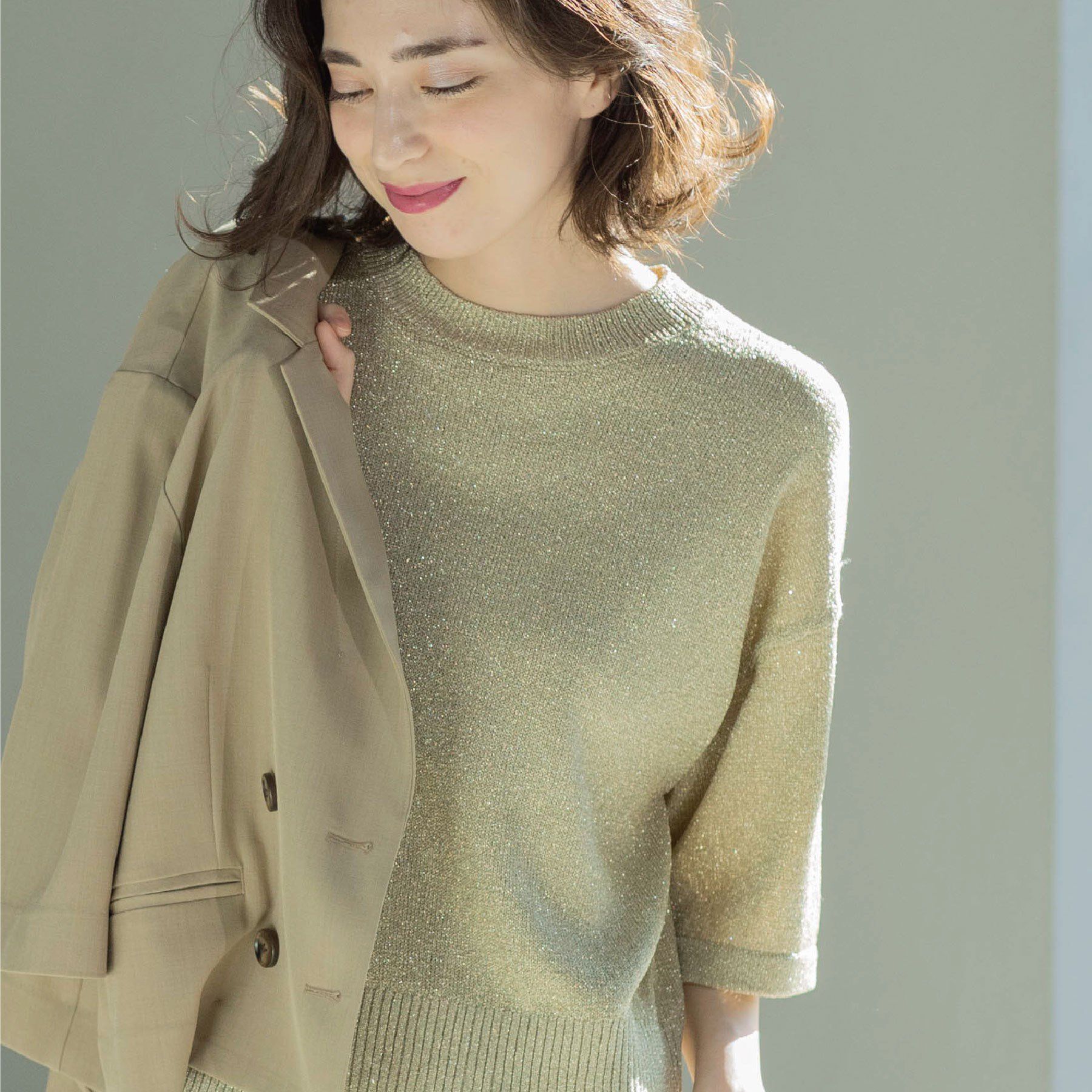 OPAQUE.CLIP「ラメハーフスリーブトップス」|ニット・セーター|ゴールド(617)