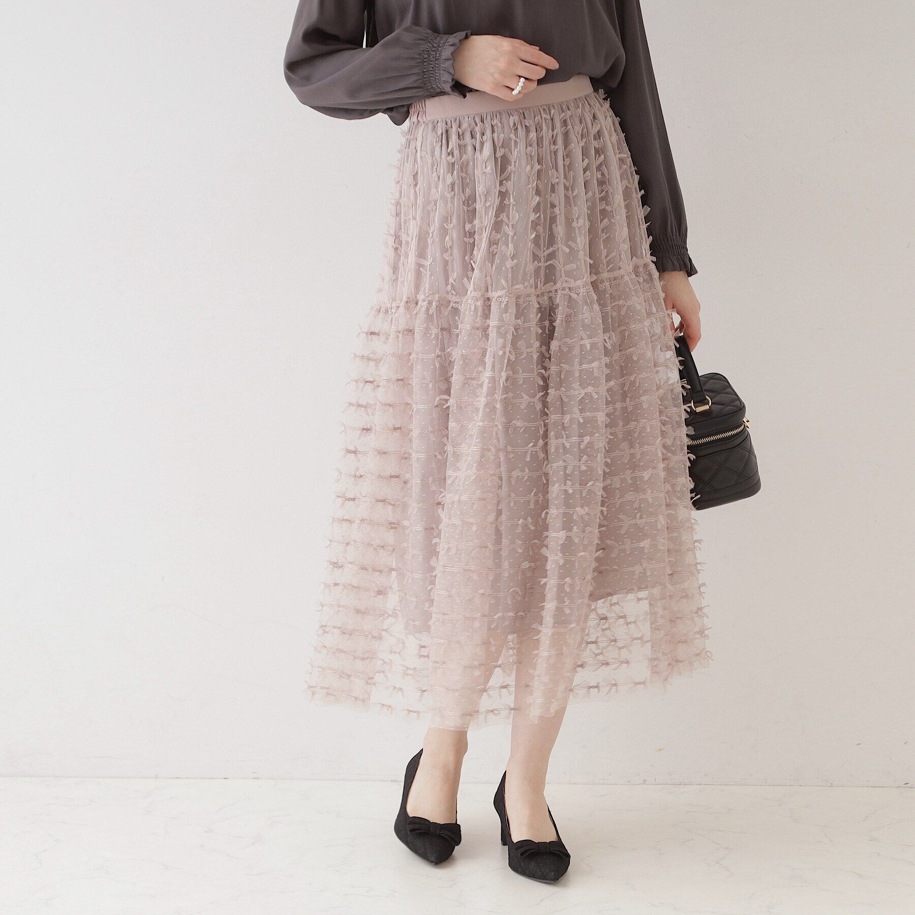 Couture broach「【ふんわり揺れるフェミニンスカート】リボンチュールティアードスカート」|スカート|