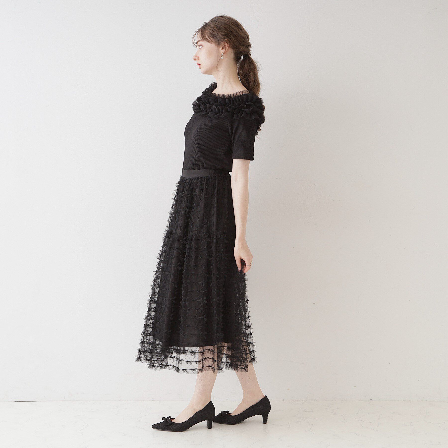 Couture broach「【ふんわり揺れるフェミニンスカート】リボンチュールティアードスカート」|スカート|