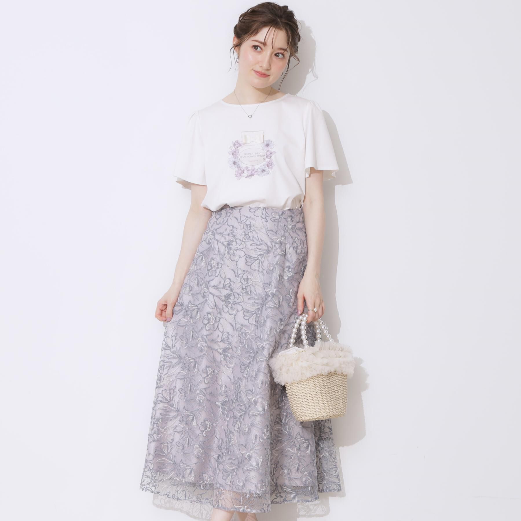 Couture broach「【華やか・通勤・華奢見え】バックレースアップエンブロスカート」|スカート|ライトグレー(411