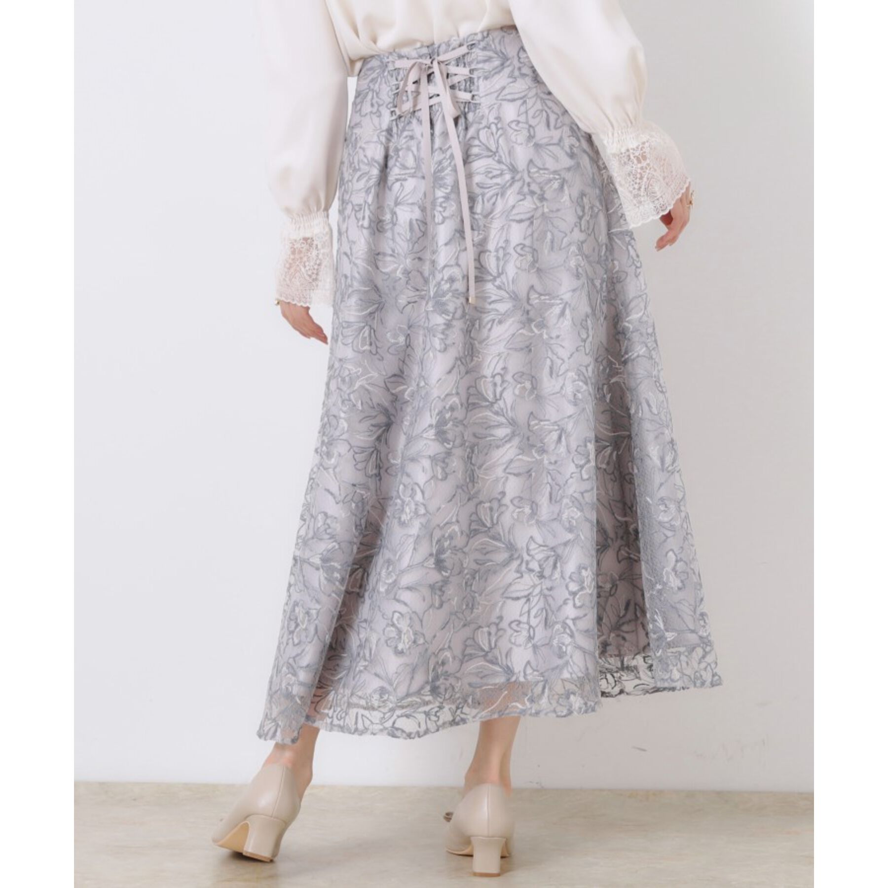 Couture broach「【華やか・通勤・華奢見え】バックレースアップエンブロスカート」|スカート|