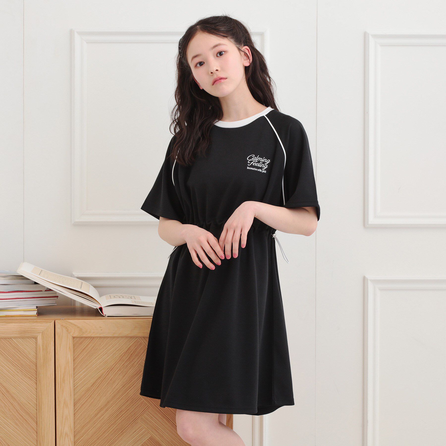 PINK-latte「パイピングドロストTシャツワンピース」|ワンピース|ブラック(019)