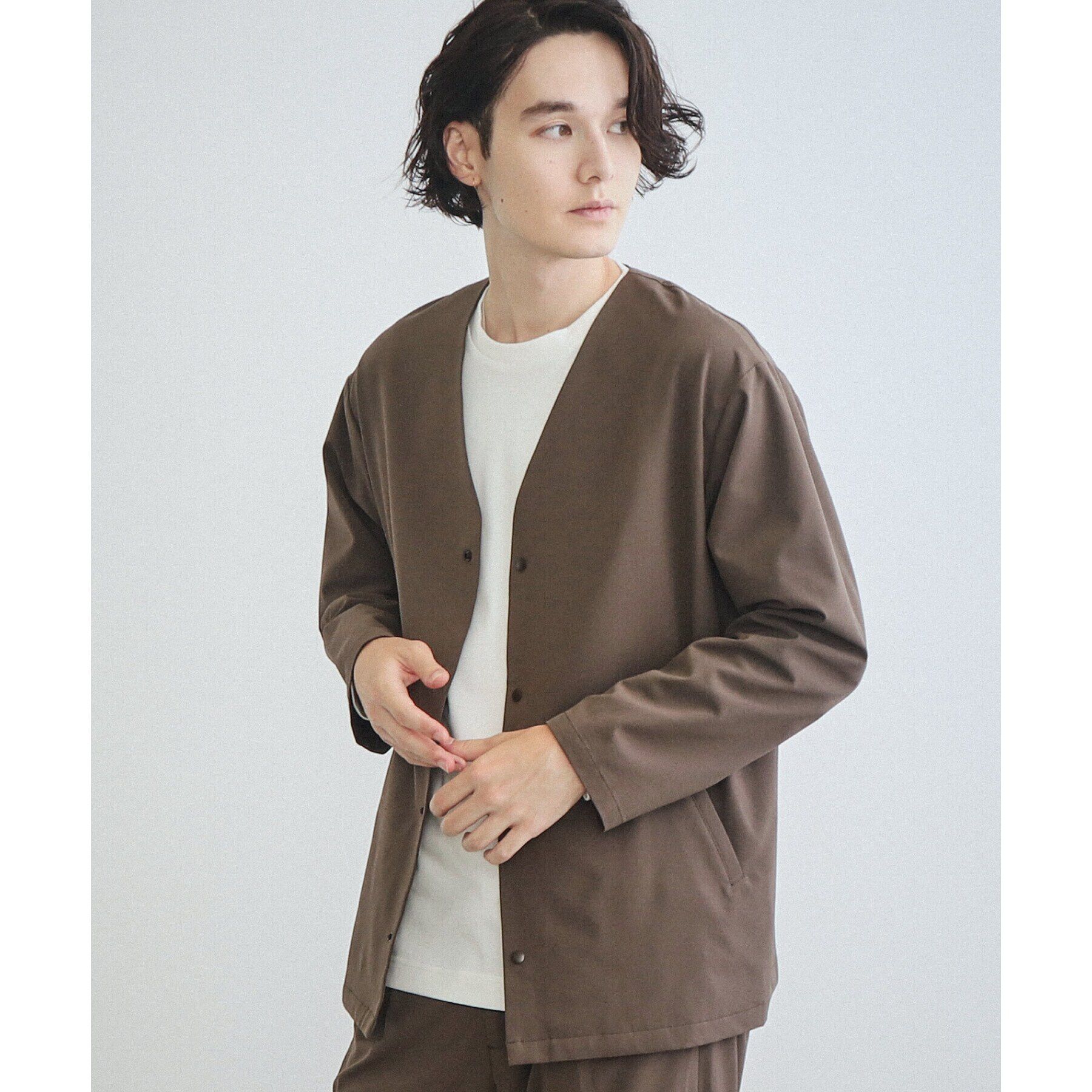 THE SHOP TK「【360&deg;ストレッチ／セットアップ可】リッチポリノーカラージャケット」|カーディガン|ブラウン(044)