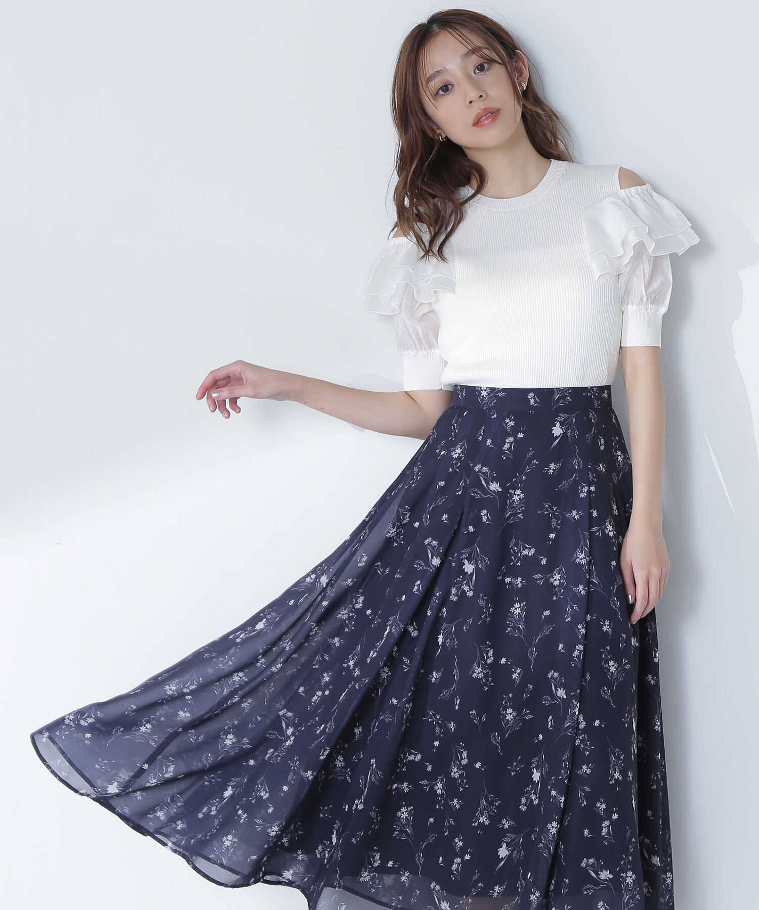  「ラッフルスリーブドッキングニット」|ニット・セーター|オフ1