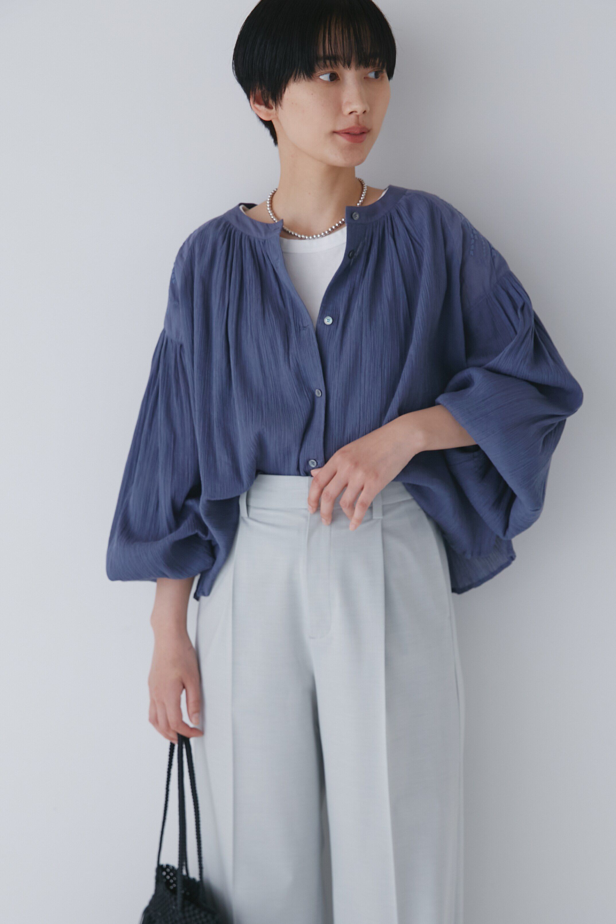  「◆インドクレープギャザーブラウス」|シャツ・ブラウス|ブルーグレー