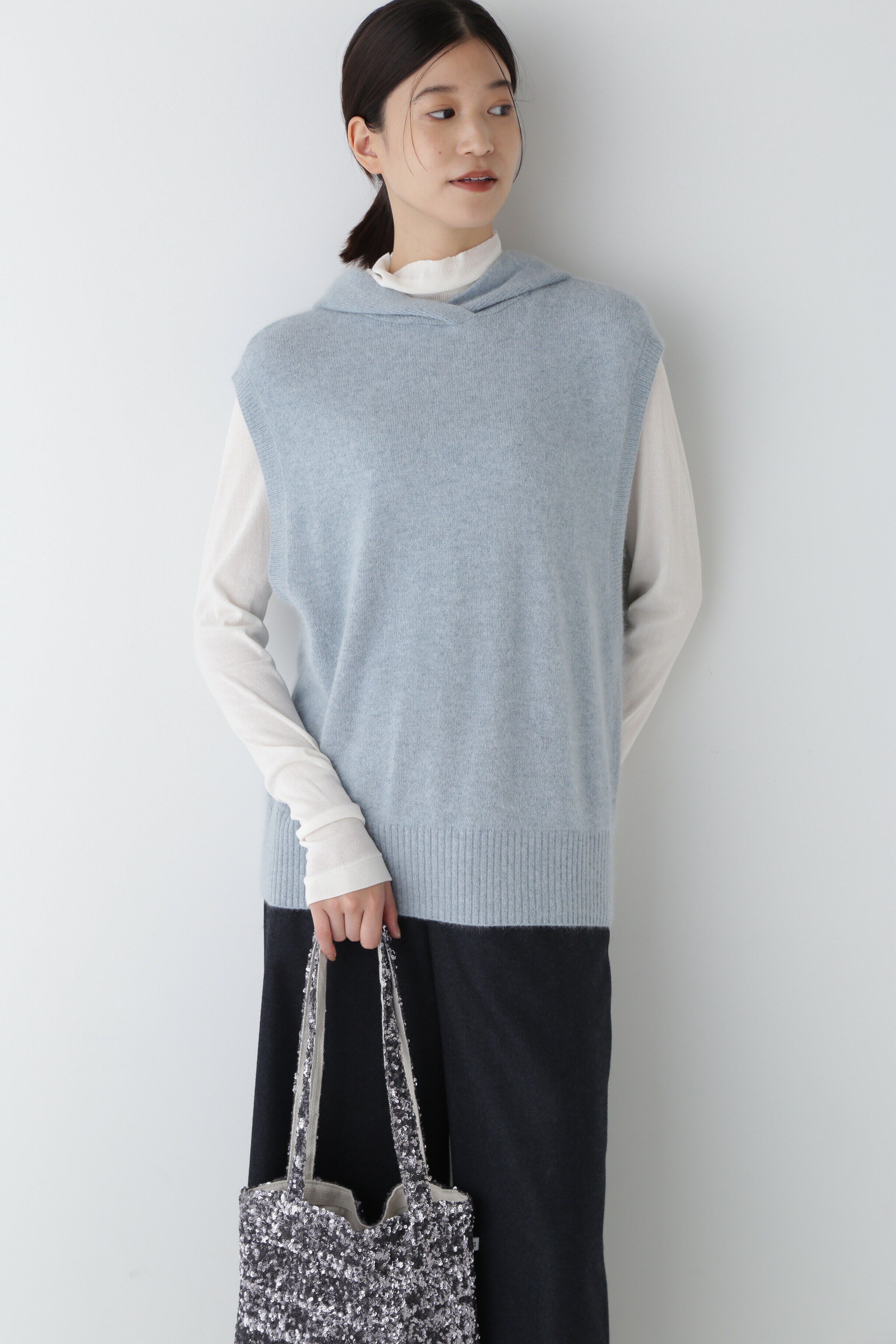  「◆へアリーフードベスト」|ニット・セーター|グレイッシュ