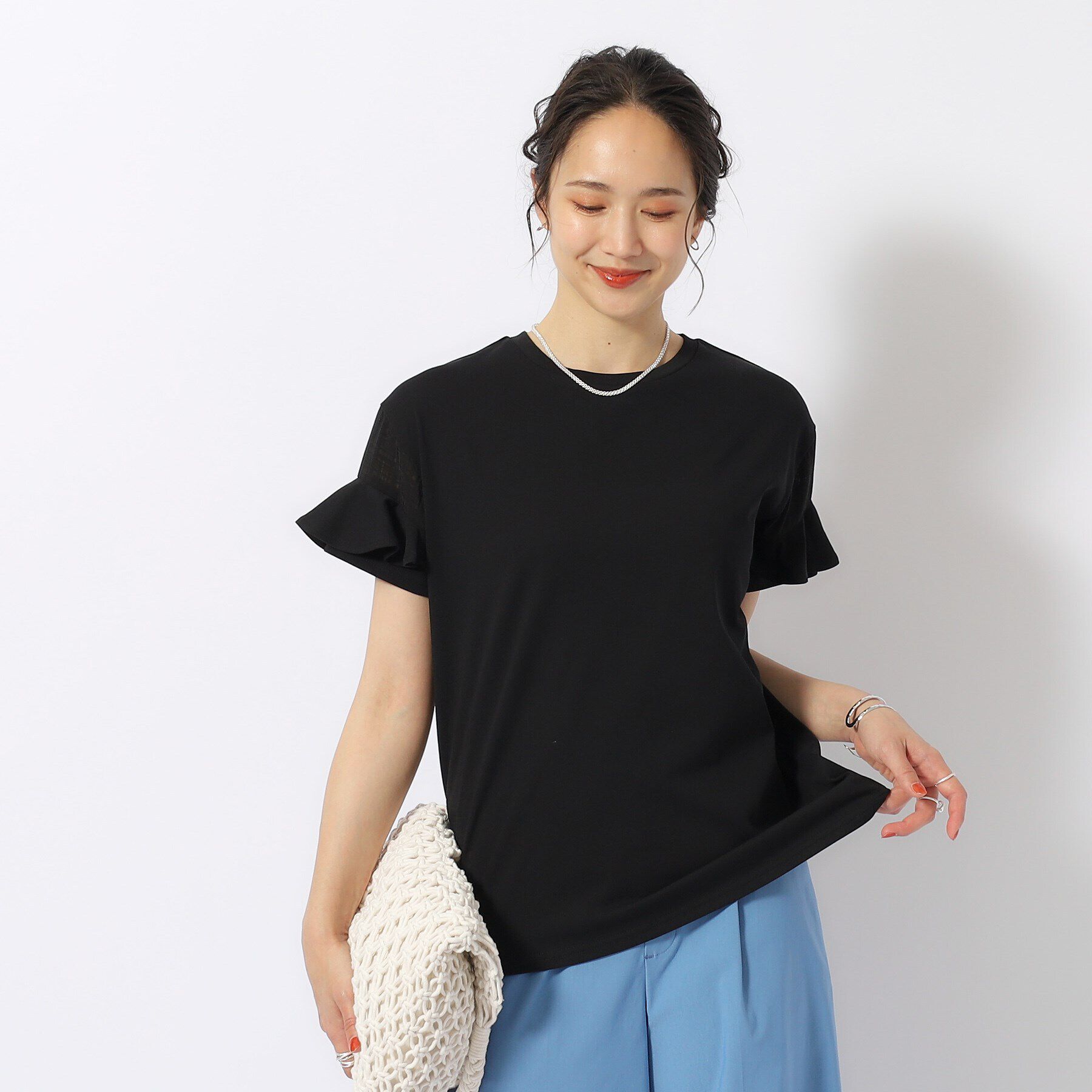 SHOO･LA･RUE「ほんのり甘い シアーチェック お袖フリルトップス」|Tシャツ・カットソー|