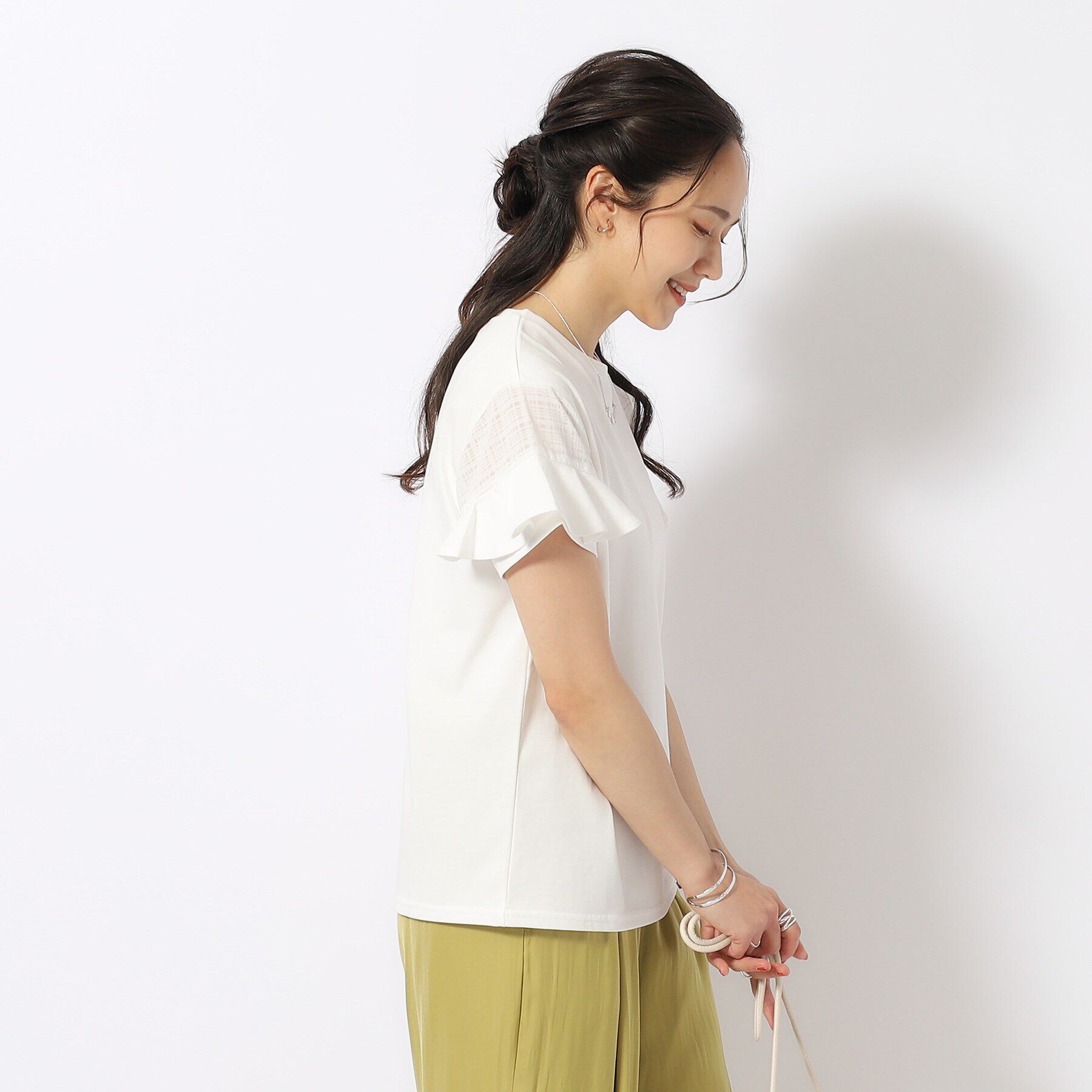 SHOO･LA･RUE「ほんのり甘い シアーチェック お袖フリルトップス」|Tシャツ・カットソー|