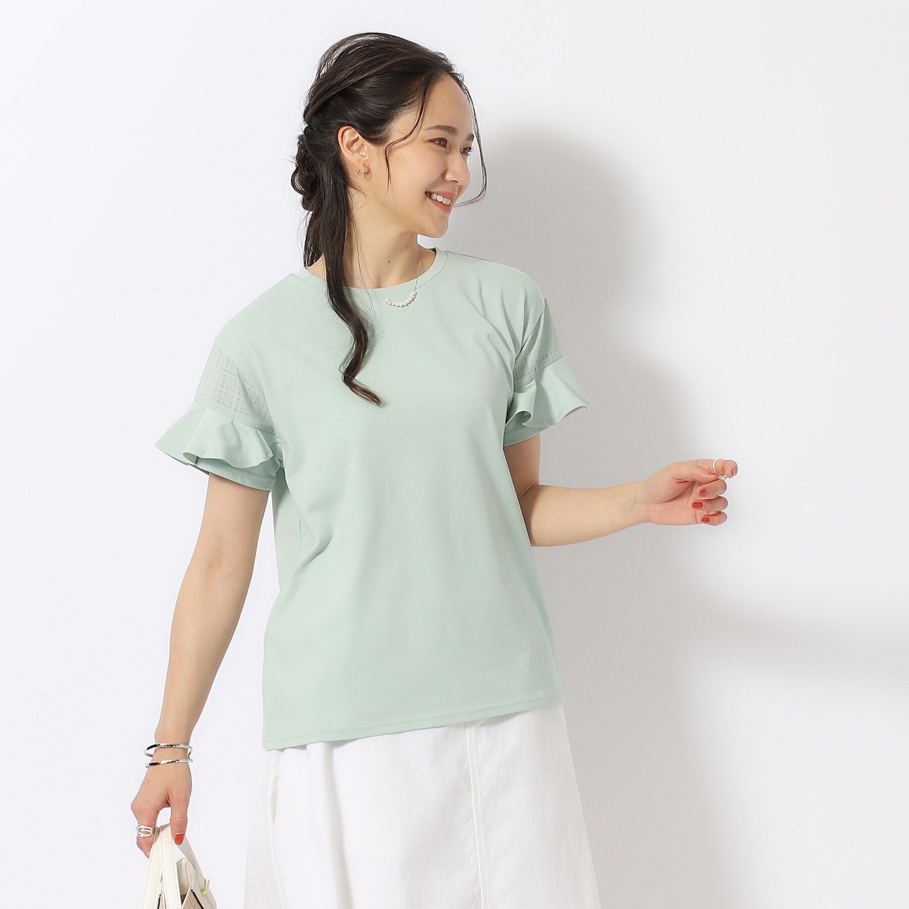 SHOO･LA･RUE「ほんのり甘い シアーチェック お袖フリルトップス」|Tシャツ・カットソー|