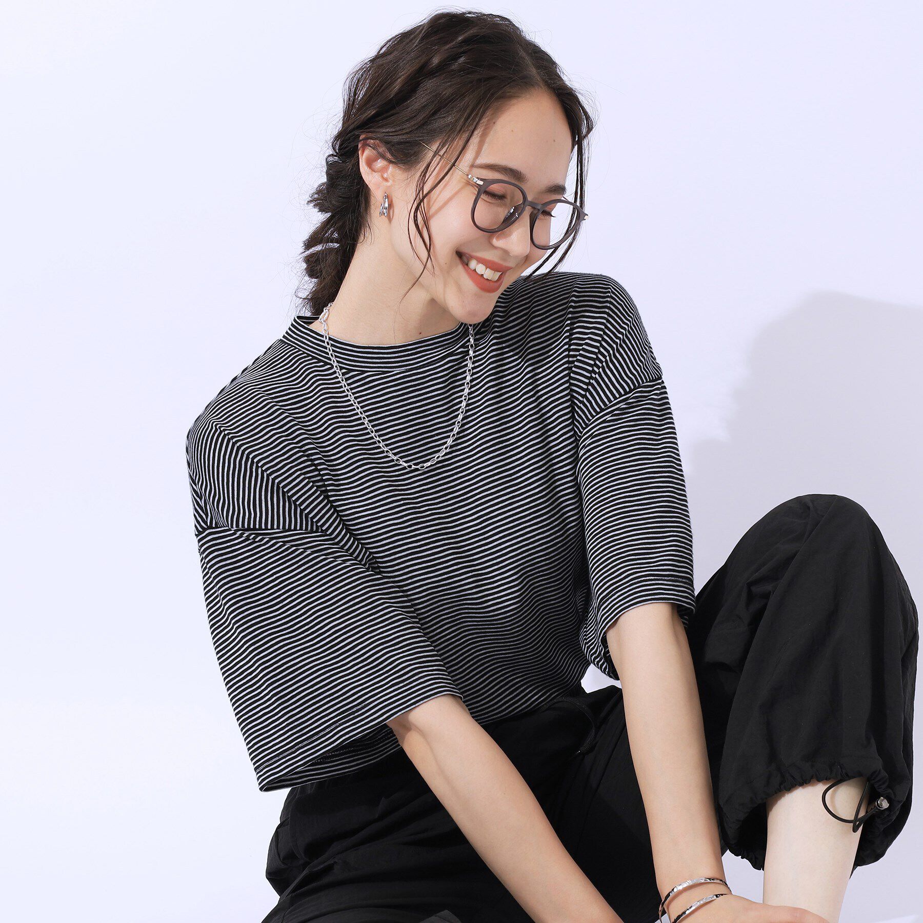 SHOO･LA･RUE「【洗える】腕を出さずにこなれ見え スラブボーダーTシャツ」|Tシャツ・カットソー|ブラック(319)