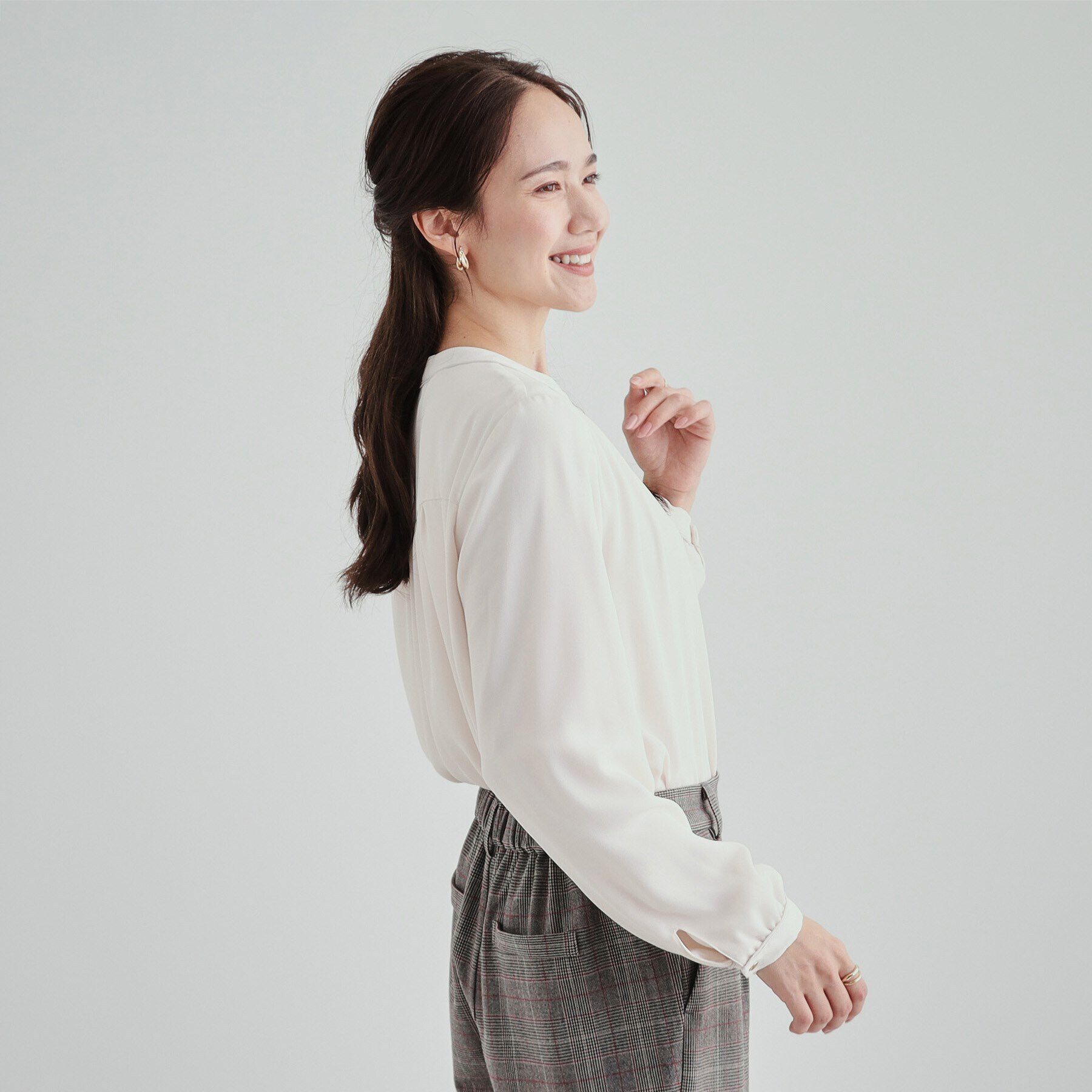 SHOO･LA･RUE「あったか裏地 配色バンドカラーブラウス【SHOO WARM】」|シャツ・ブラウス|