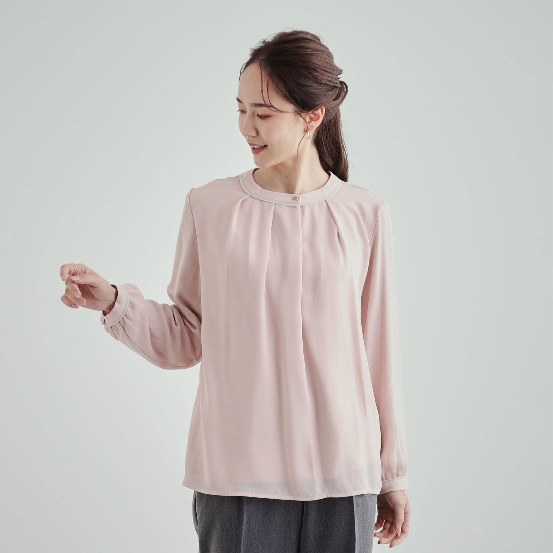 SHOO･LA･RUE「あったか裏地 配色バンドカラーブラウス【SHOO WARM】」|シャツ・ブラウス|