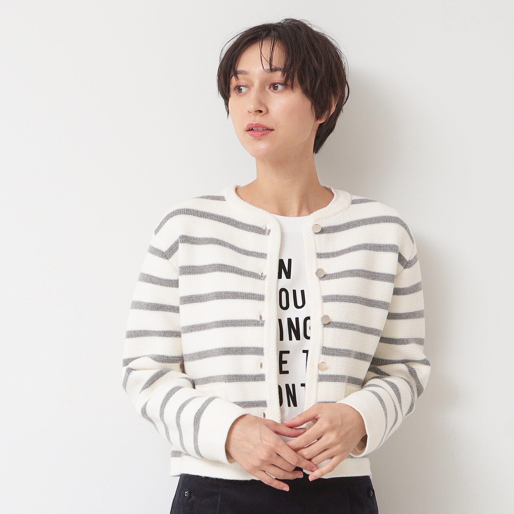 Dessin「【洗える】ゴールドボタン付きボーダーカーディガン」|カーディガン|