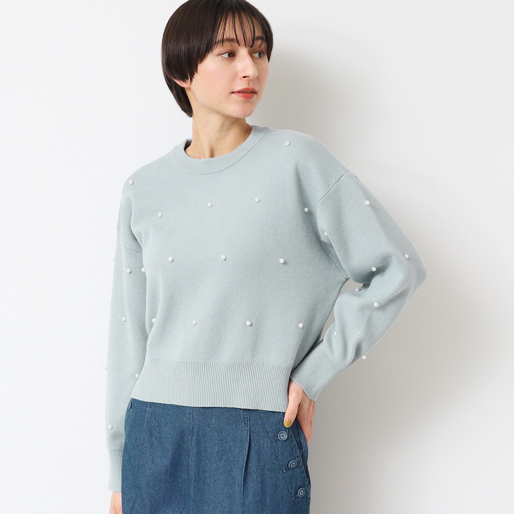 Dessin「【洗える】パール調付きクロップド丈ニット（S～L）」|ニット・セーター|