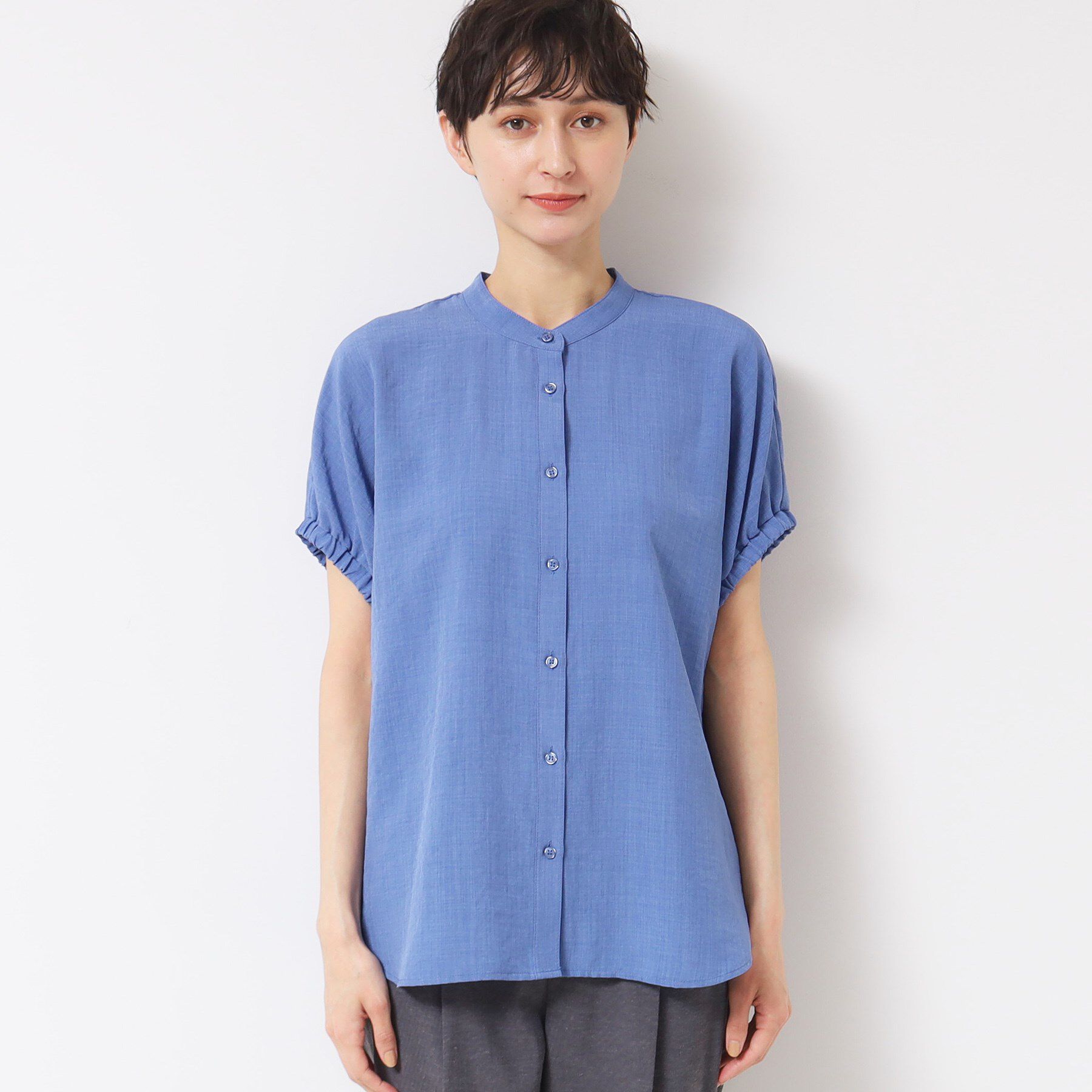 Dessin「【洗える】バンドカラー袖ギャザーブラウス」|シャツ・ブラウス|